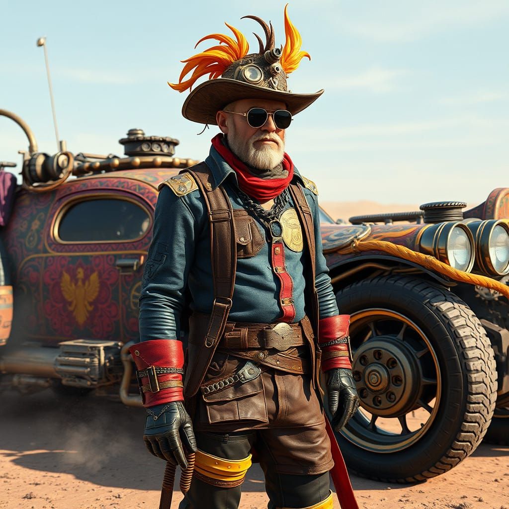 Steampunk Hero Beside Futuristic Chariot in Rich Colors