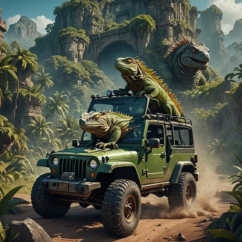 Iguana Drives Jeep in Detailed Matte Painting