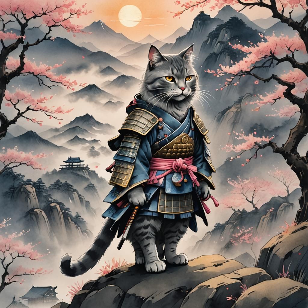 Old Grey Cat Samurai in Japanese Ink Wash Style