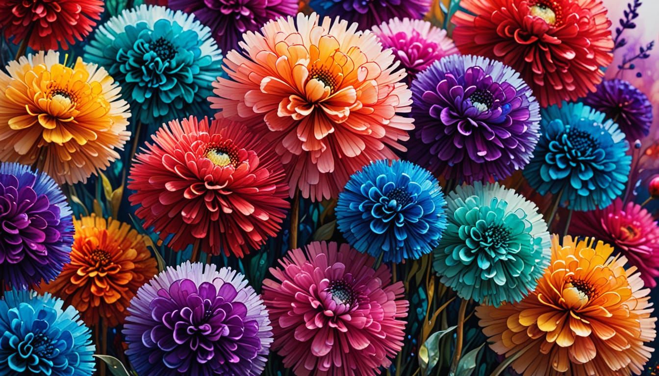 Pompom Flower Garden in Alcohol Ink Style