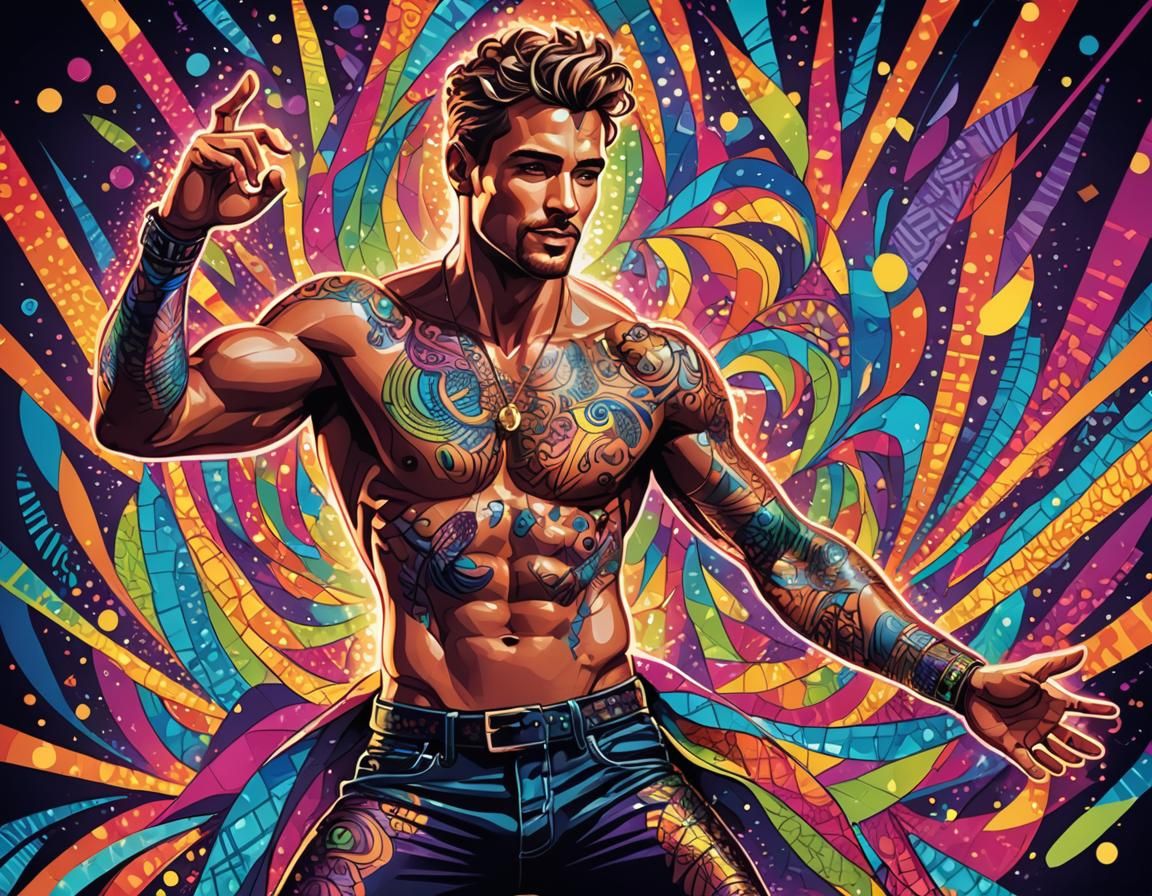 Hunky Man Dancing at Disco Club in Abstract Vector Art