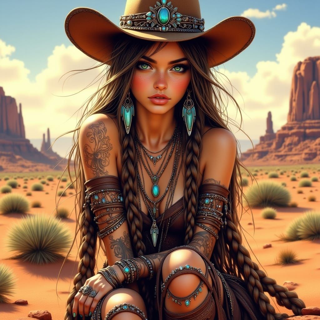 Cowgirl Portrait with Turquoise Jewelry in Digital Art Style