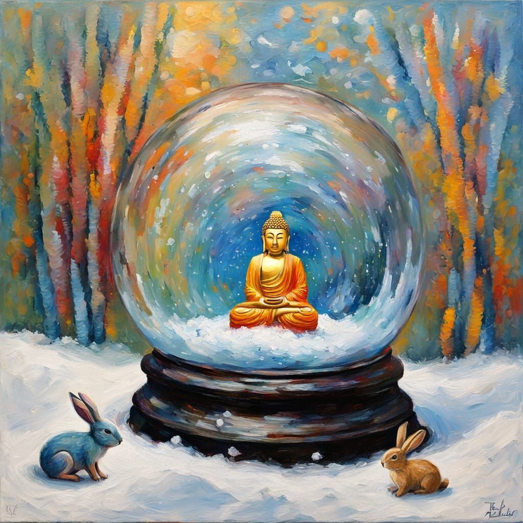 Buddha in Whimsical Snow Globe Scene