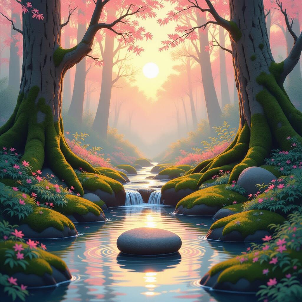 Peaceful Forest Clearing at Dawn with Aura Stone