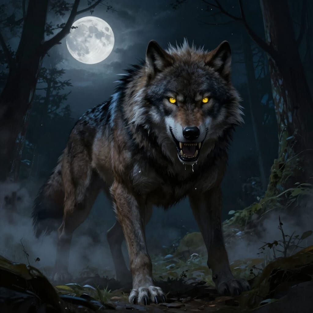 Werewolf Howling on Moonlit Forest Path