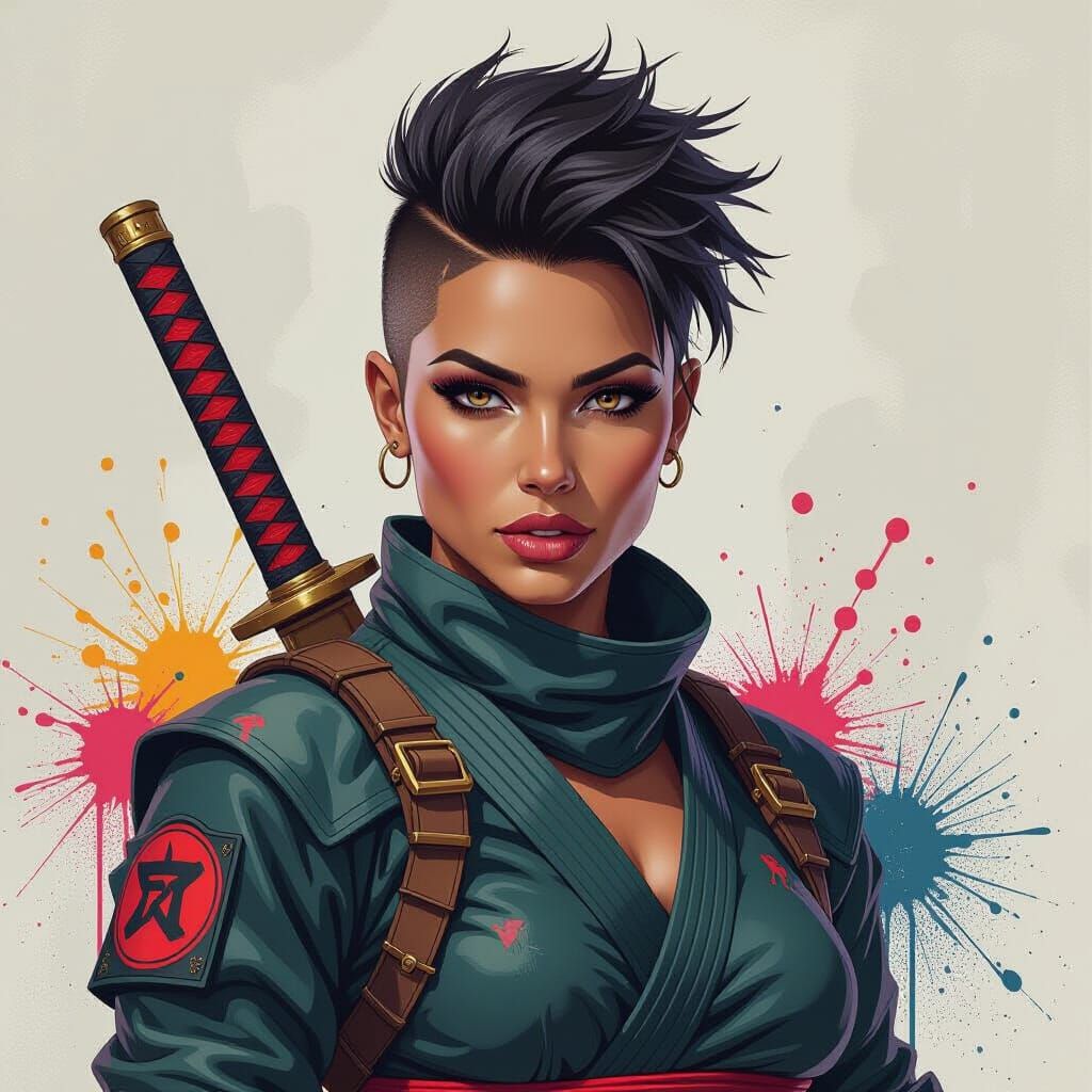 Muscular Ninja Woman in Graffiti Art Style