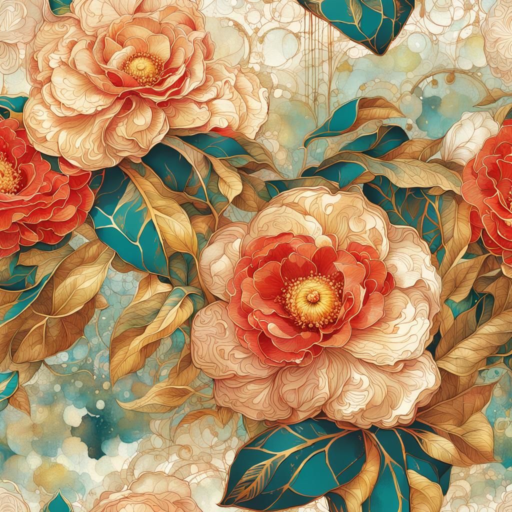 Camellia Flowers in African Batik Illustration