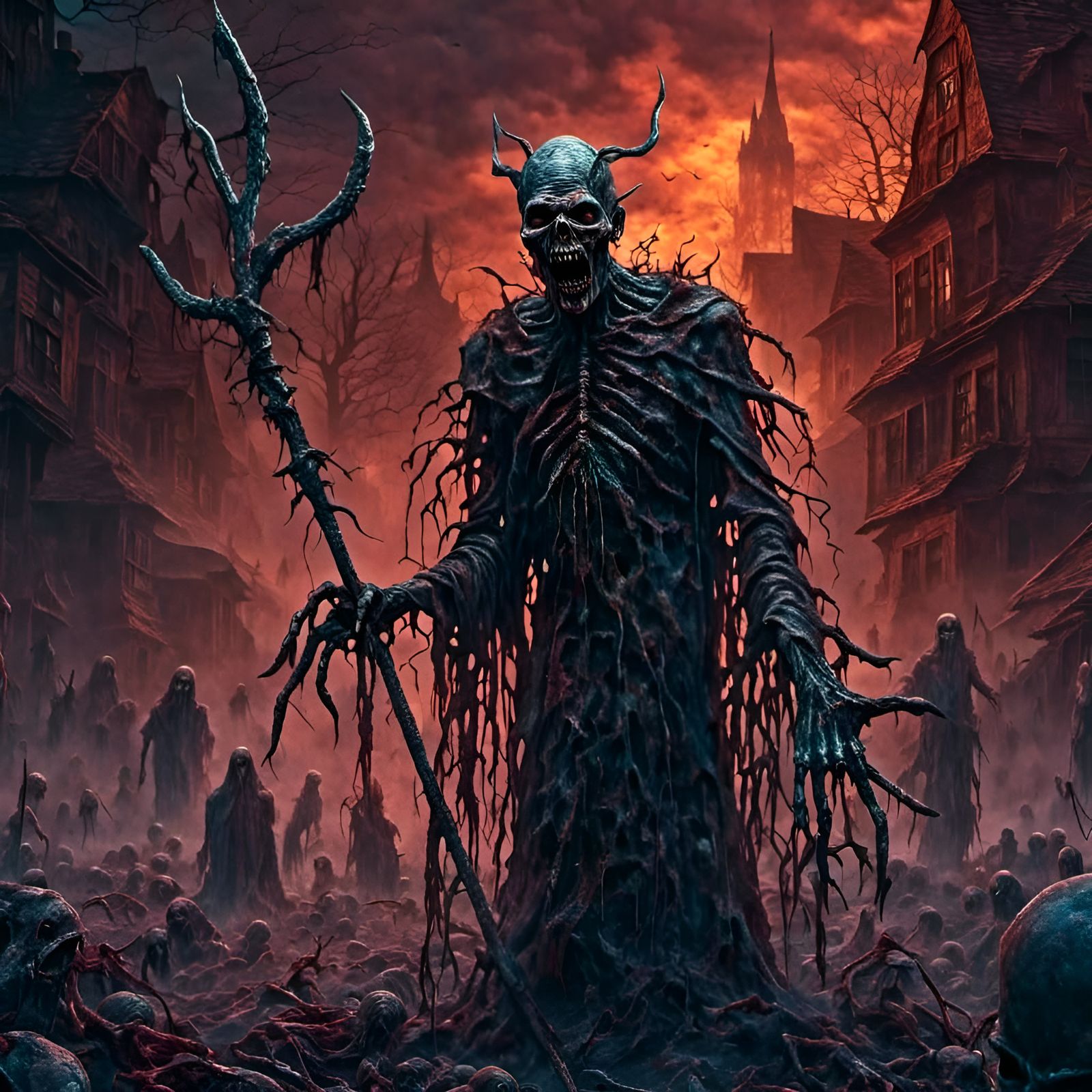 Scary Zombie Devil in Hell: Psychedelic Horror Illustration