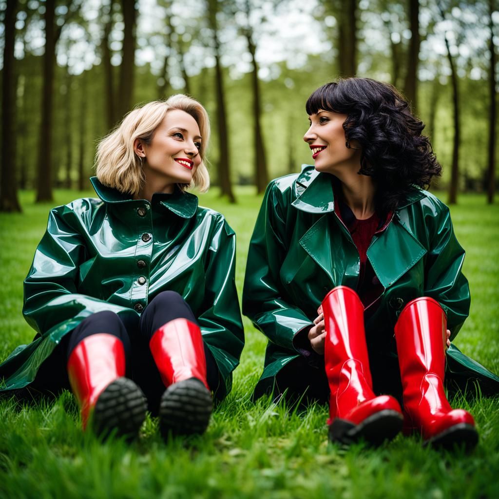 Two Women in Shiny Raincoats Lying on Grass