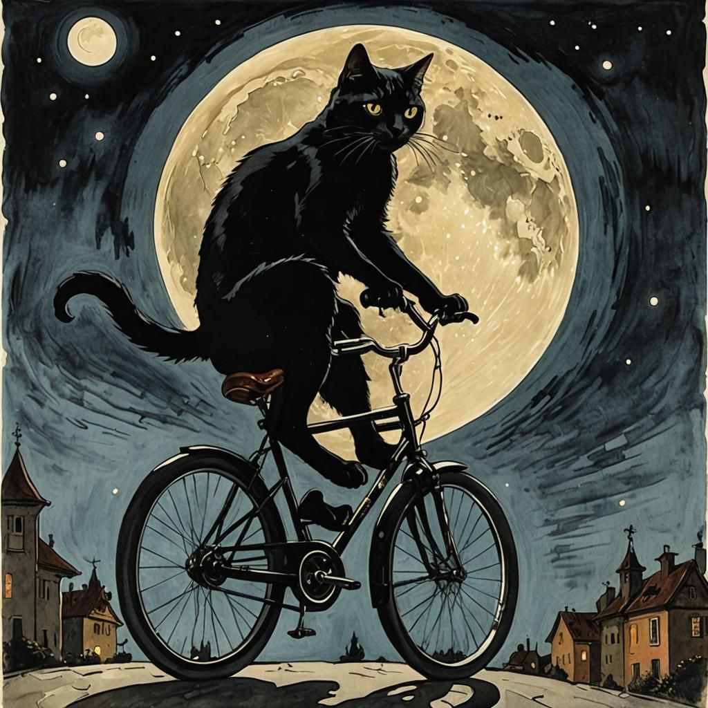 Black Cat Rides Bike Under Moon in Gouache Ink