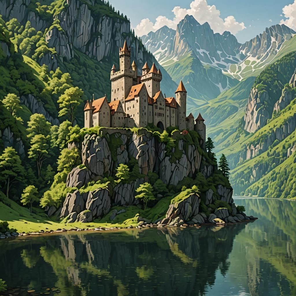 Medieval Castle Amidst a Serene Mountain Landscape