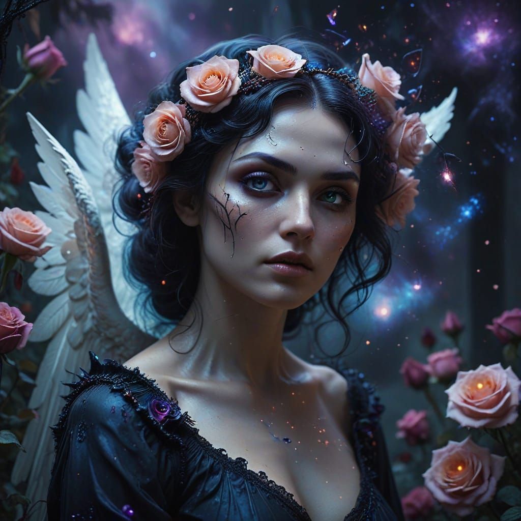 Surreal Angel Portrait with Galaxy Eyes and Rose Halo