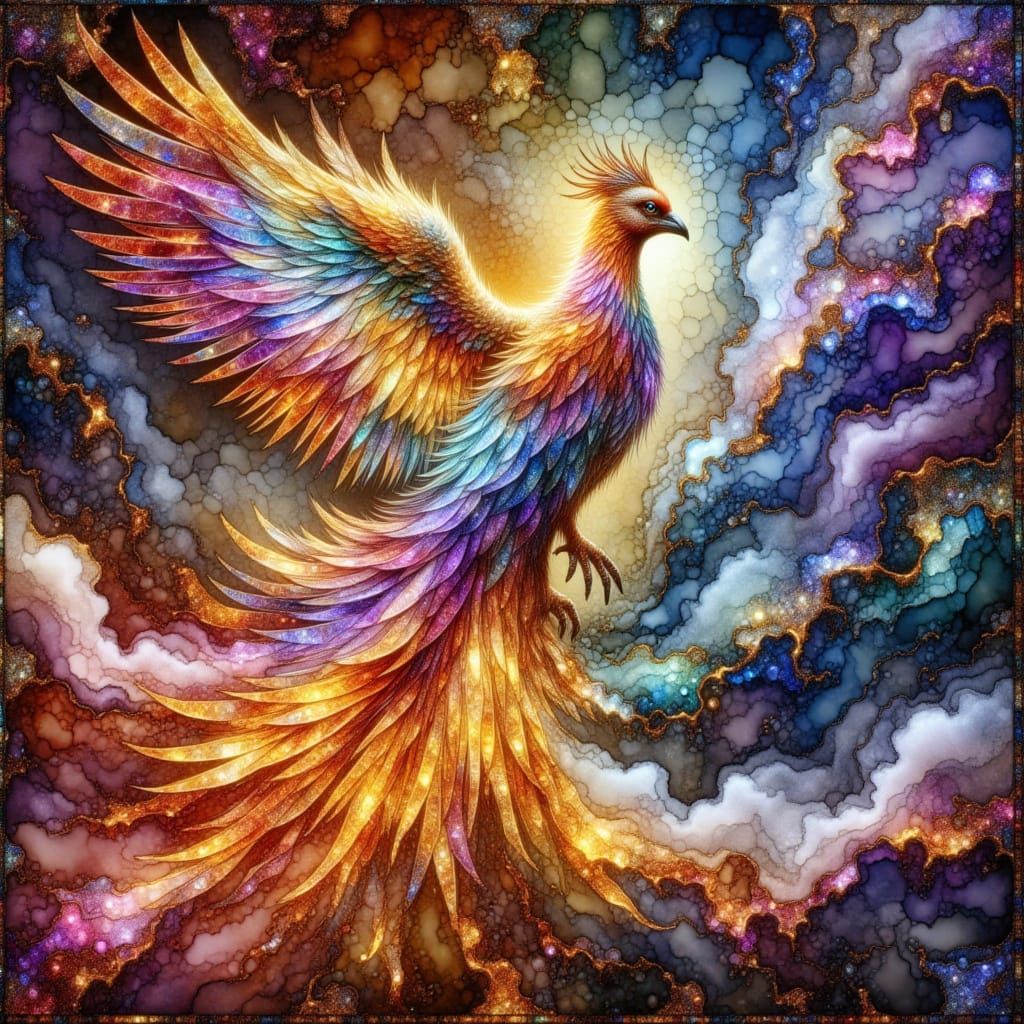 Surreal Iridescent Phoenix Rises from Rainbow's Foot in Crin...