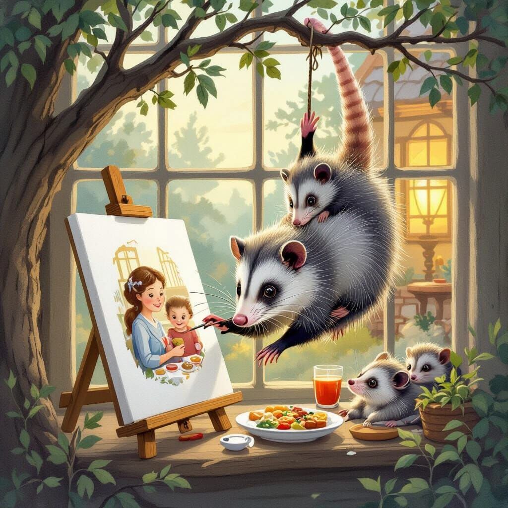 Opossum Artist Paints Family Portrait in Whimsical Illustrat...