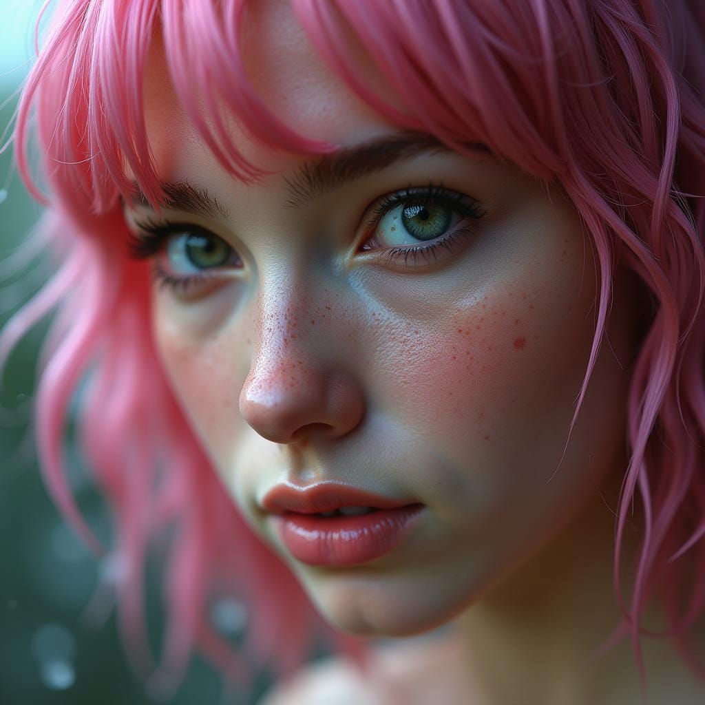Pink-Haired Woman in Rain: Hyperrealistic Portrait