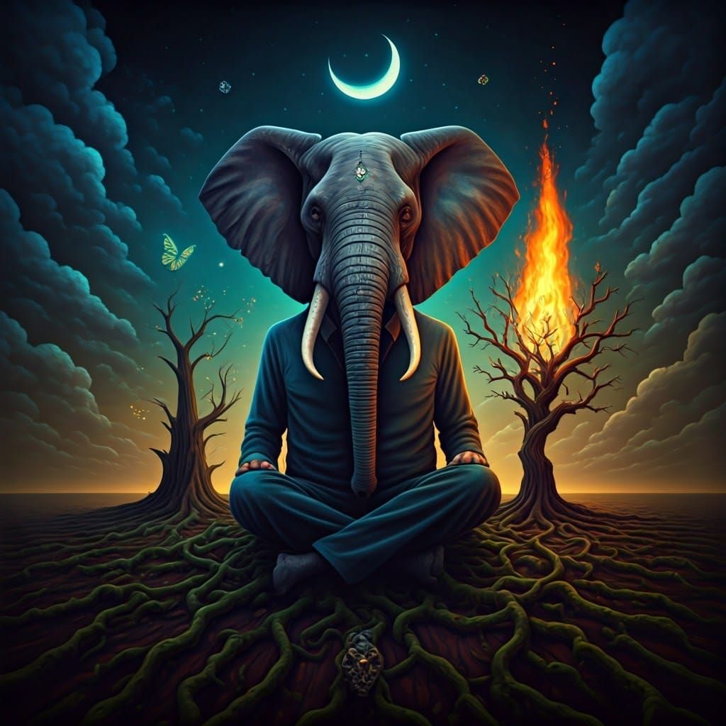 Surreal Elephant-Headed Man in Psychedelic Dreamscape