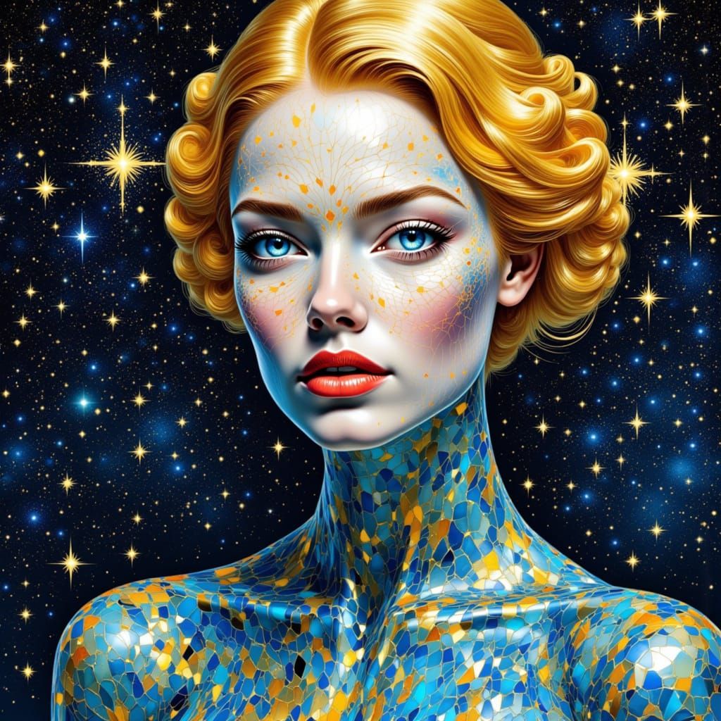 Woman in Glowing Geometric Glass Patterns, Klimt Style