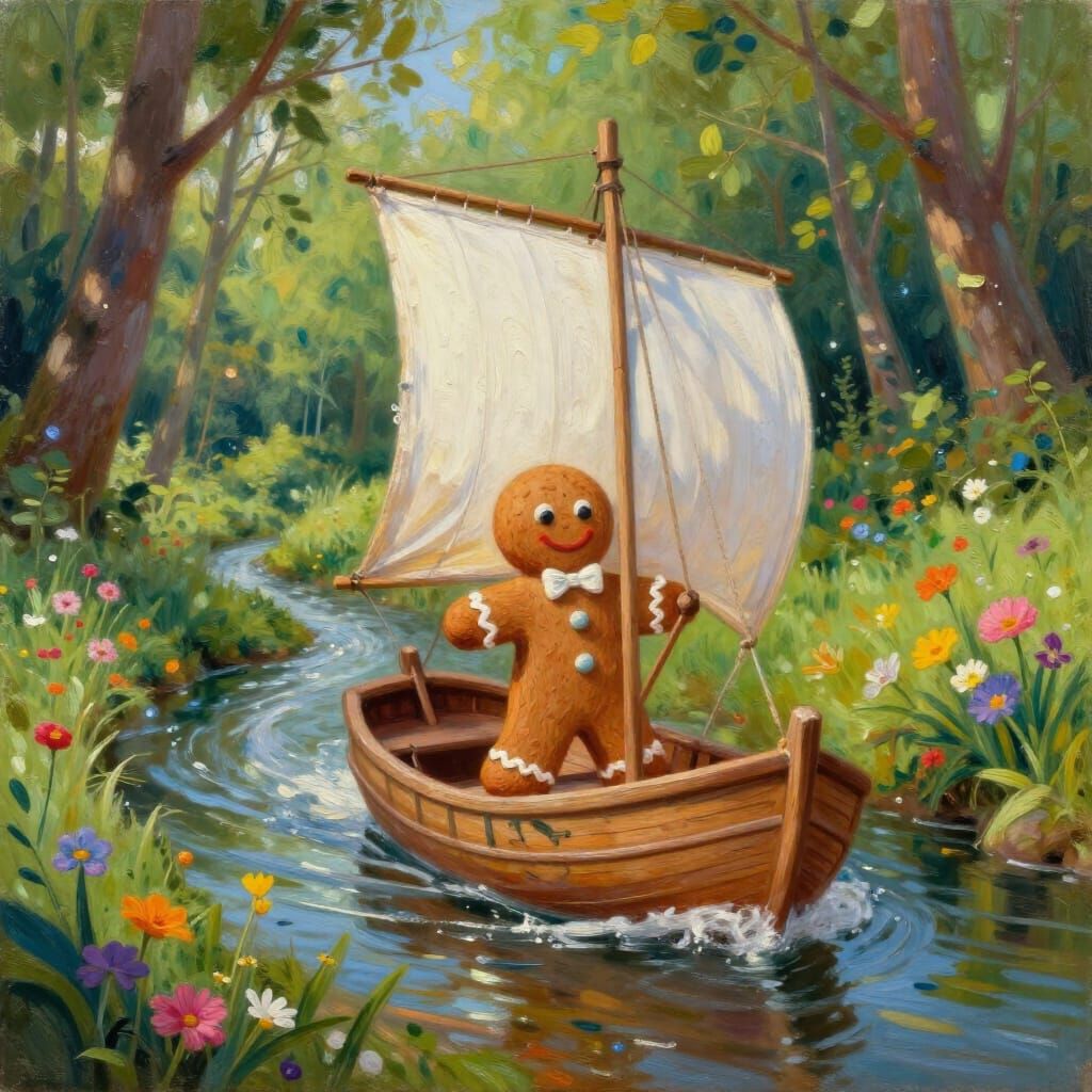 Gingerbread Man Sails Stream in Whimsical Oil Painting