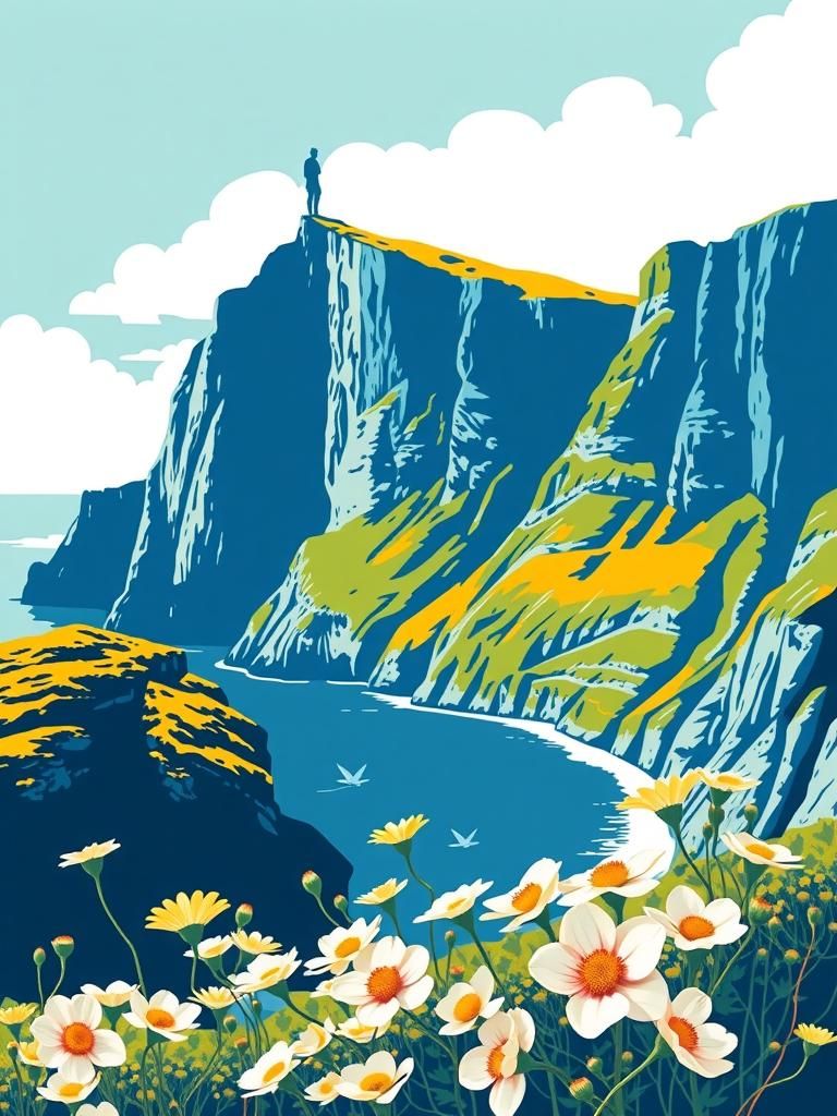Woodcut Poster Art of Fiord Cliffs and Flowers