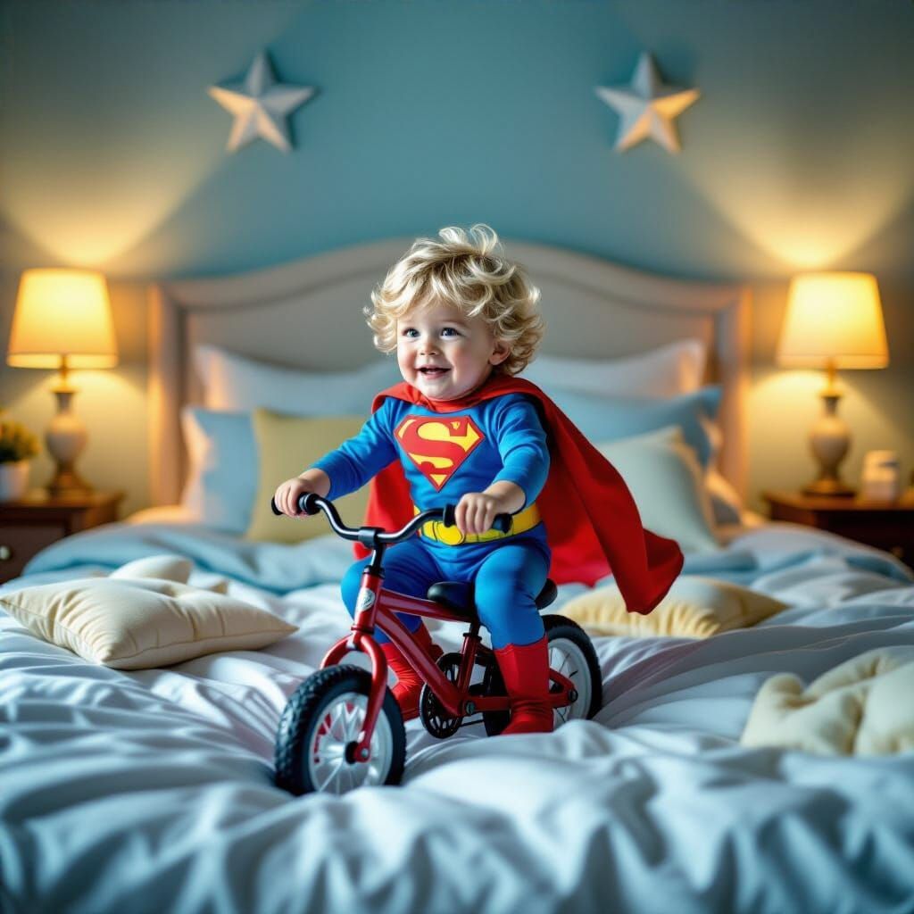 Child Superhero Homelander Rides Toddler Bike on Bed