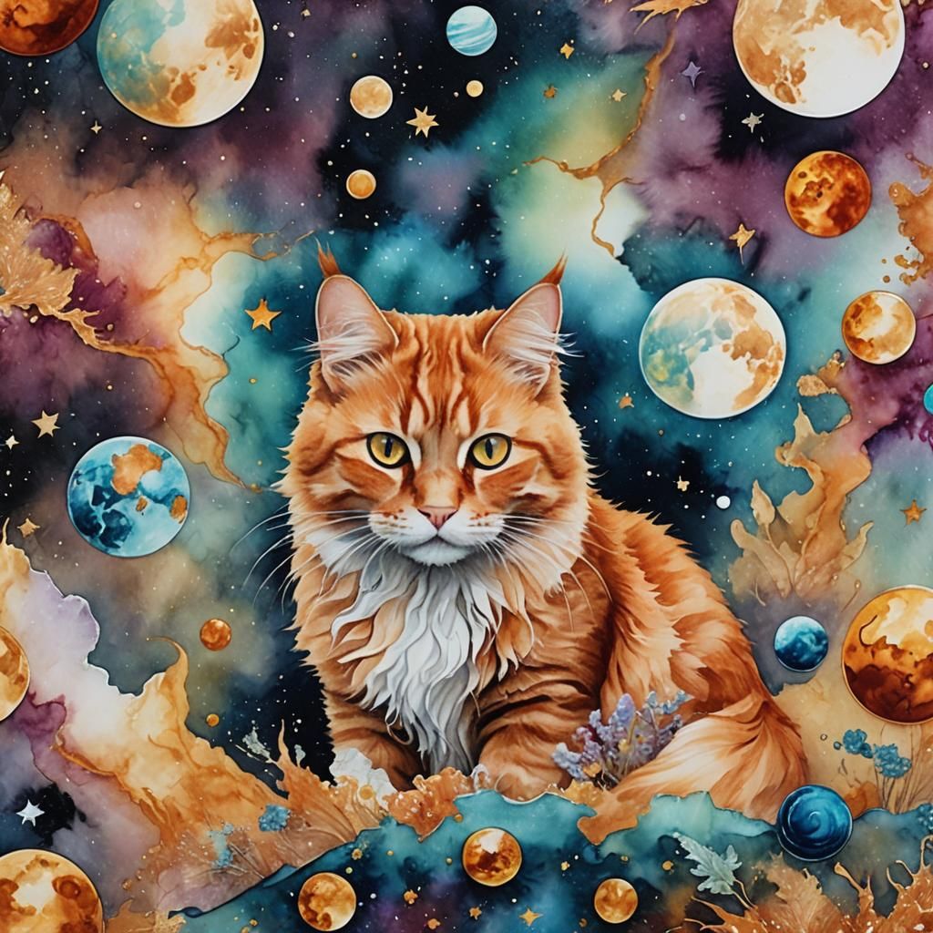 Ethereal Fantasy Moonscape with Ginger Cat