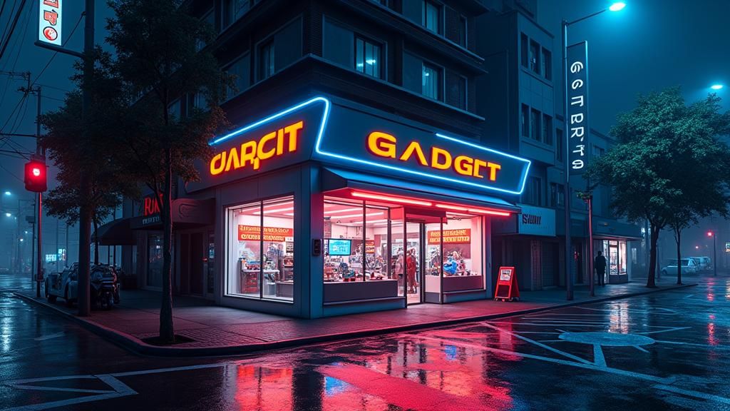 Futuristic Gadget Storefront at Night in Retro-Futurism Styl...