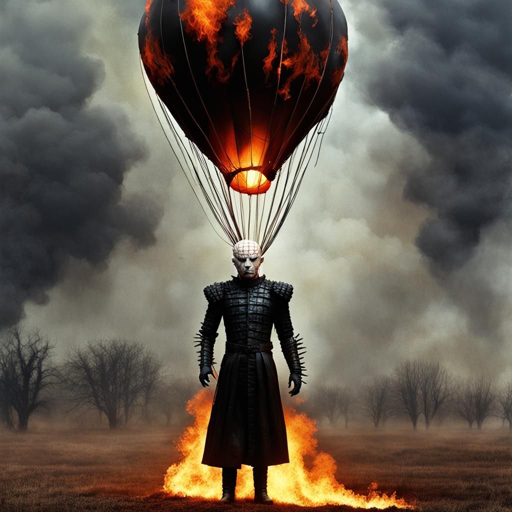 Pinhead in Flaming Hot Air Balloon, Dark Fantasy Art