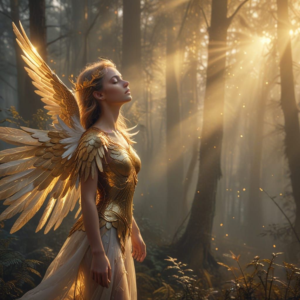 Girl with Gold Wings Rising from Forest Mist