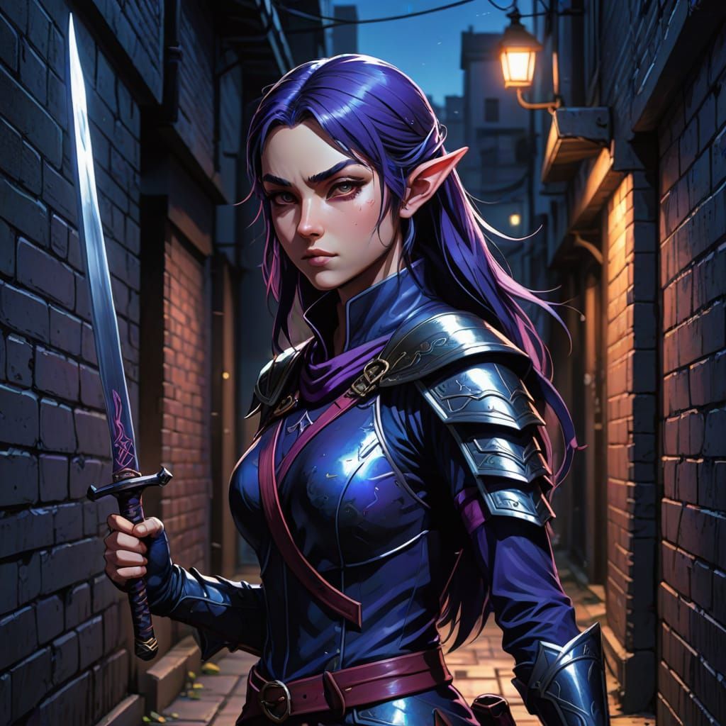 Vibrant Anime Elf Ninja in Stealthy Alleyway