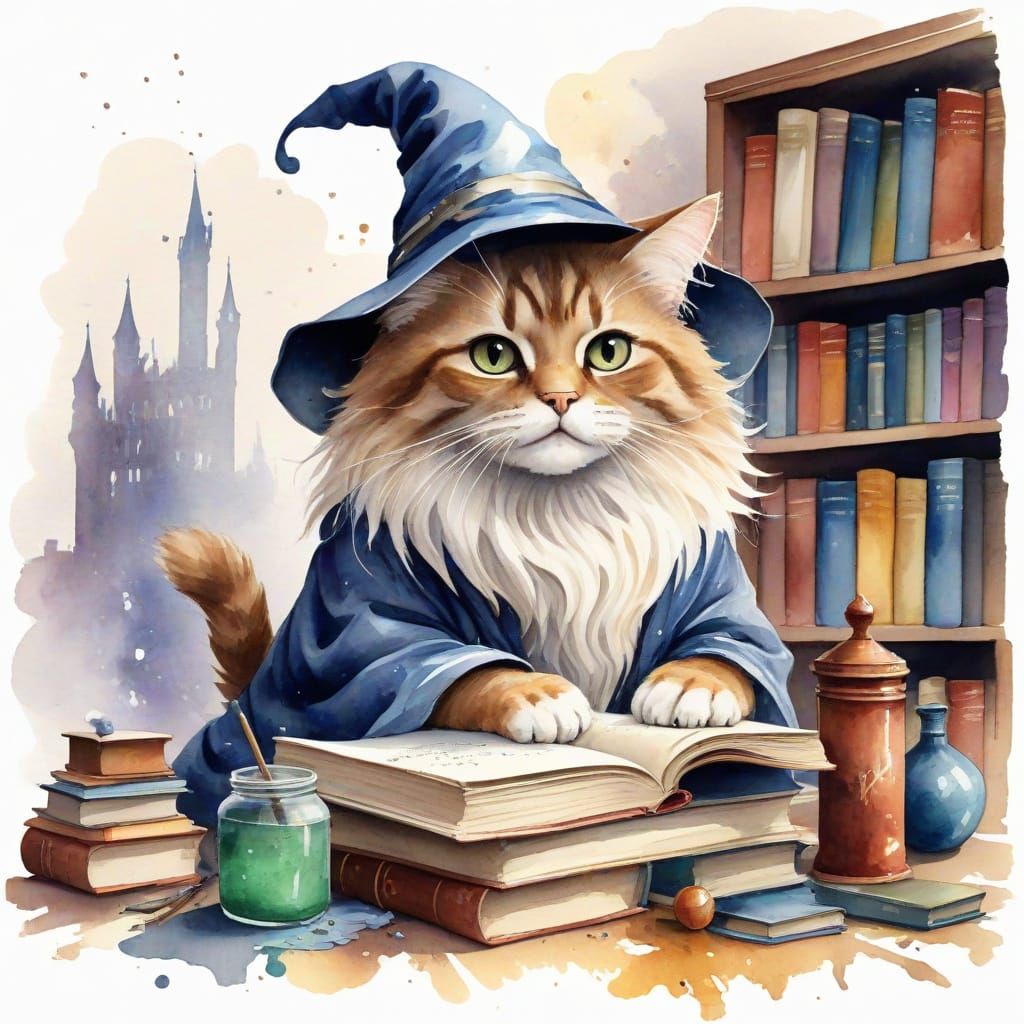 Watercolor Cat Wizard in Library