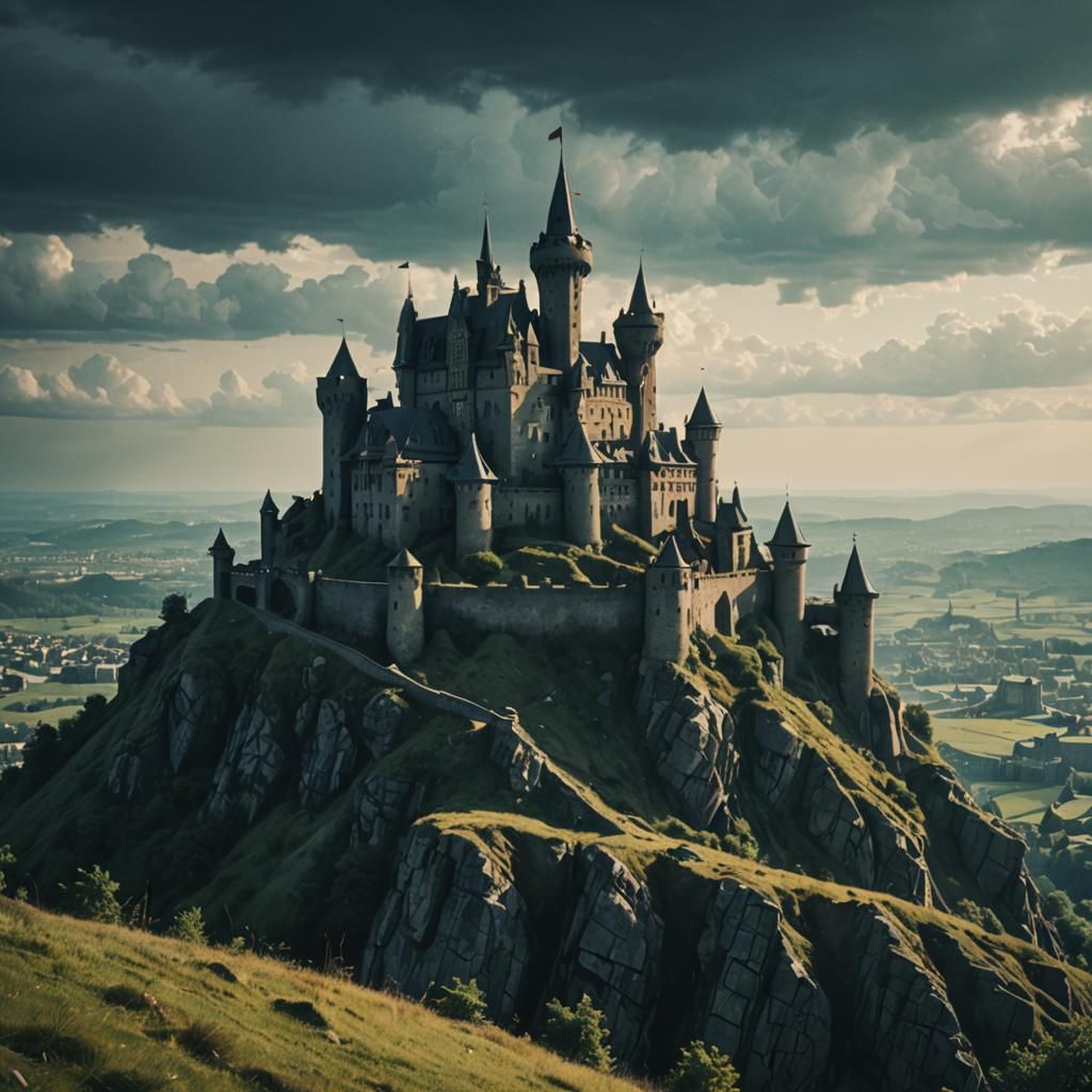 Dystopian Castle on a Hill: Cinematic Film Still