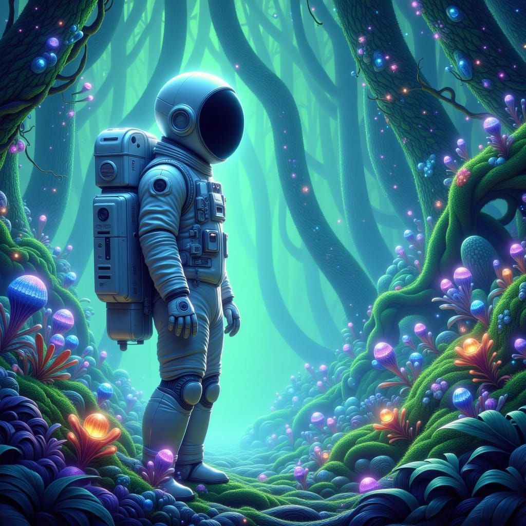 Astronaut Explores Bioluminescent Alien Jungle