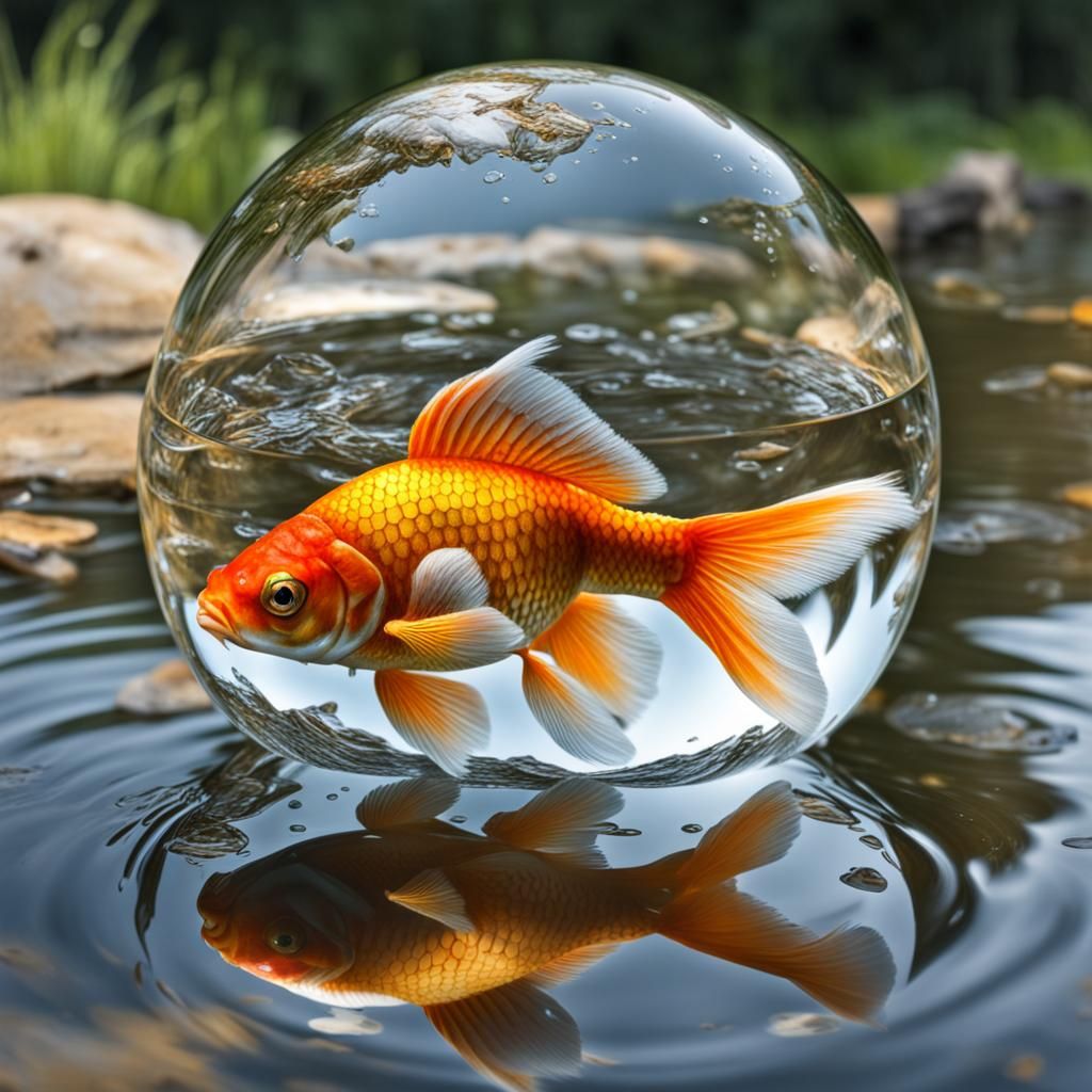Hyper realistic  Reflections of the In water ,goldfish dream...