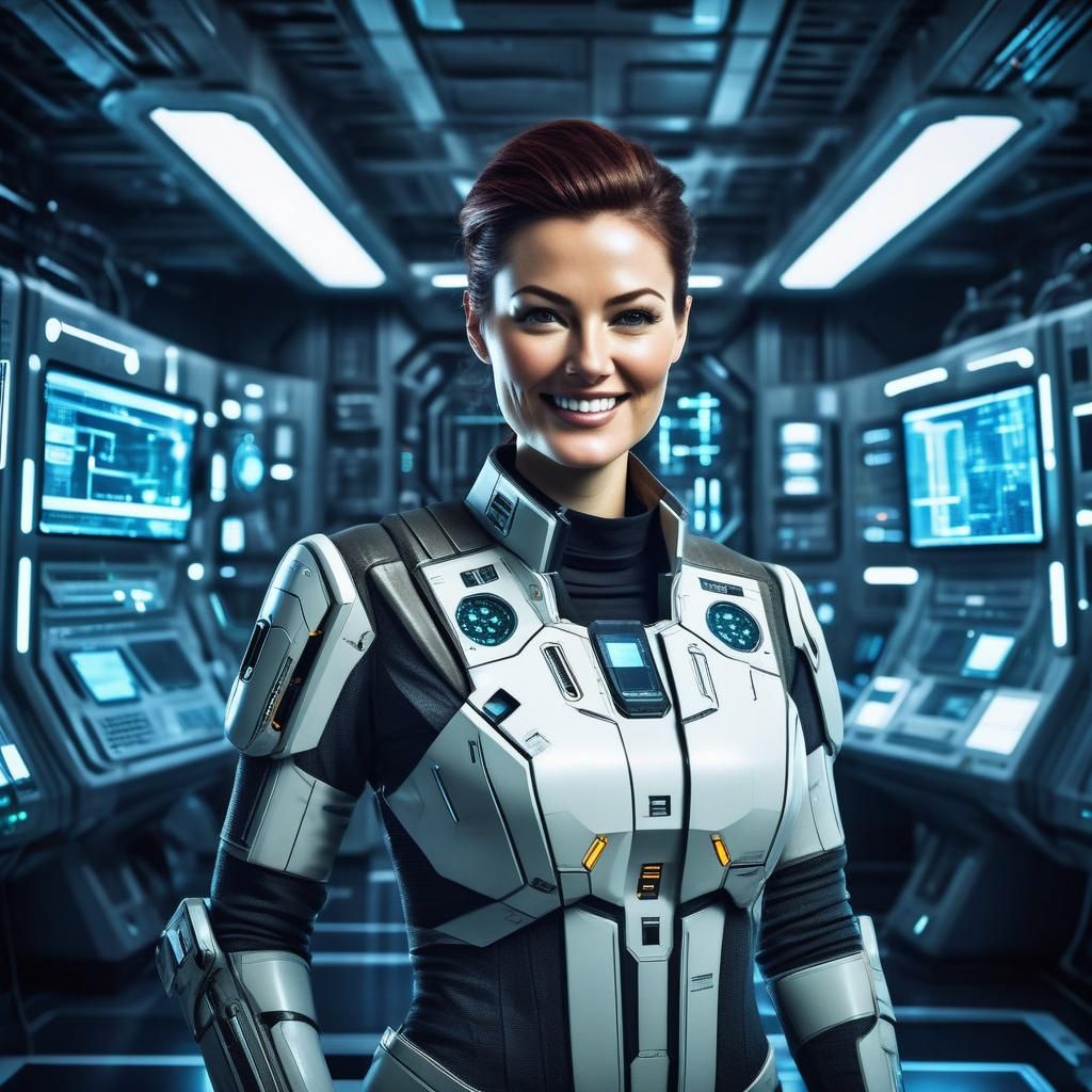 Optimistic Science Officer in Subdued Lit Sci-Fi Room