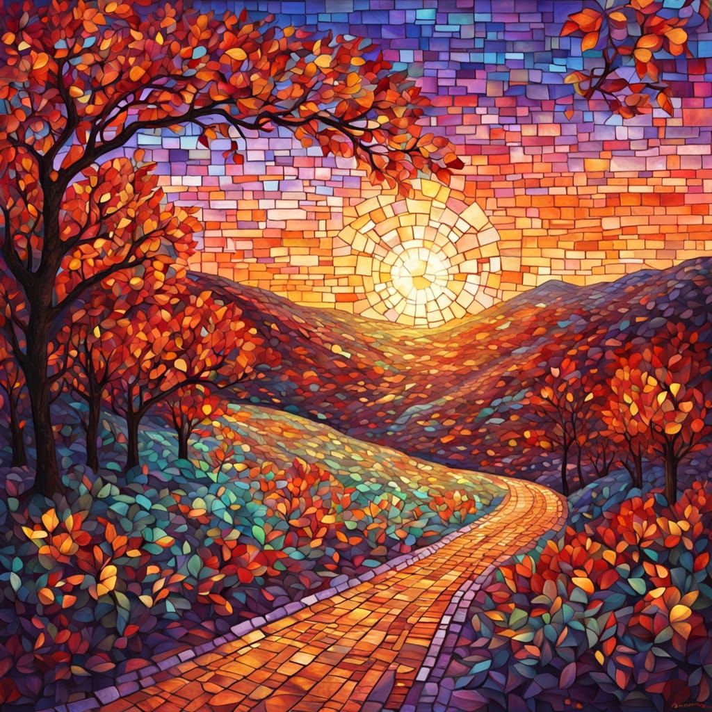 Surreal Mosaic Landscape at Sunset in Stained Glass Style