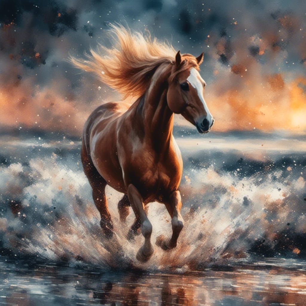 Chestnut Horse Running Through Water in Watercolor Style