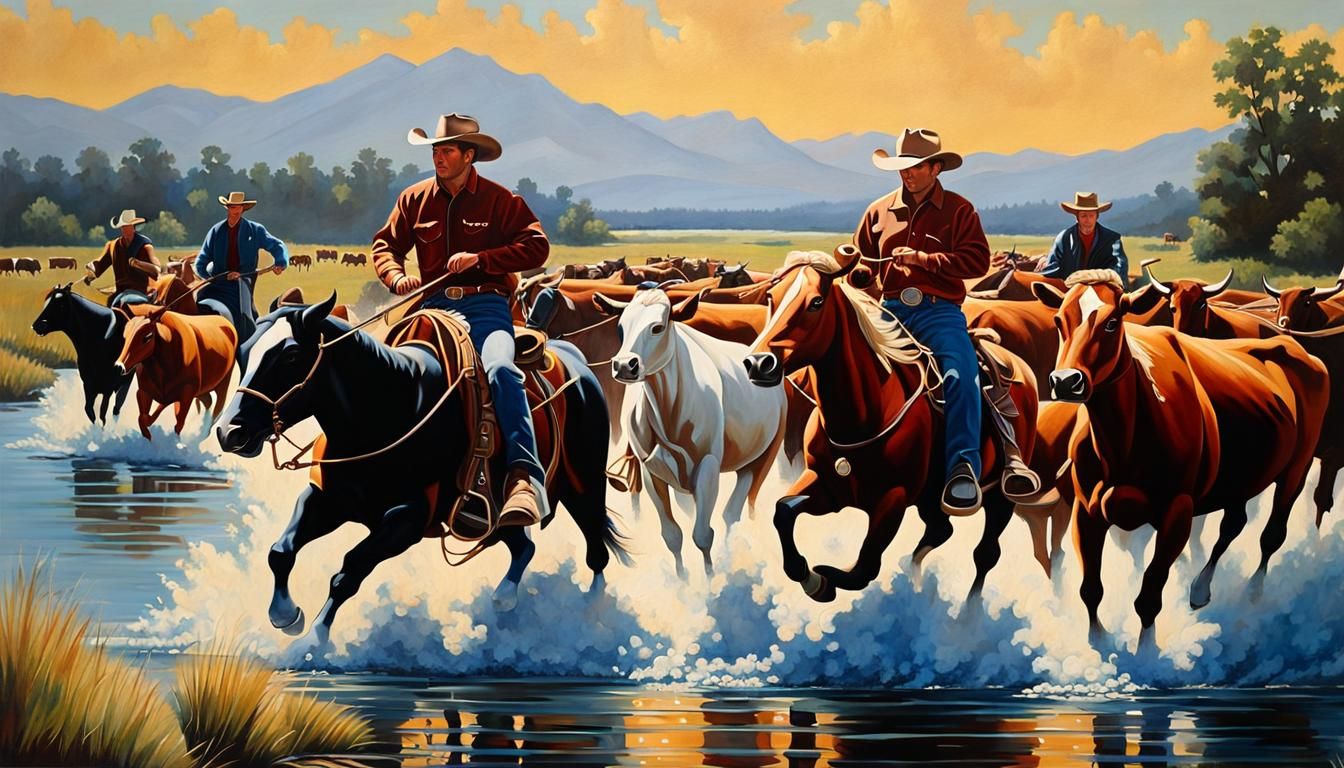 Cowboys Drive Cattle Across River in Oil Painting