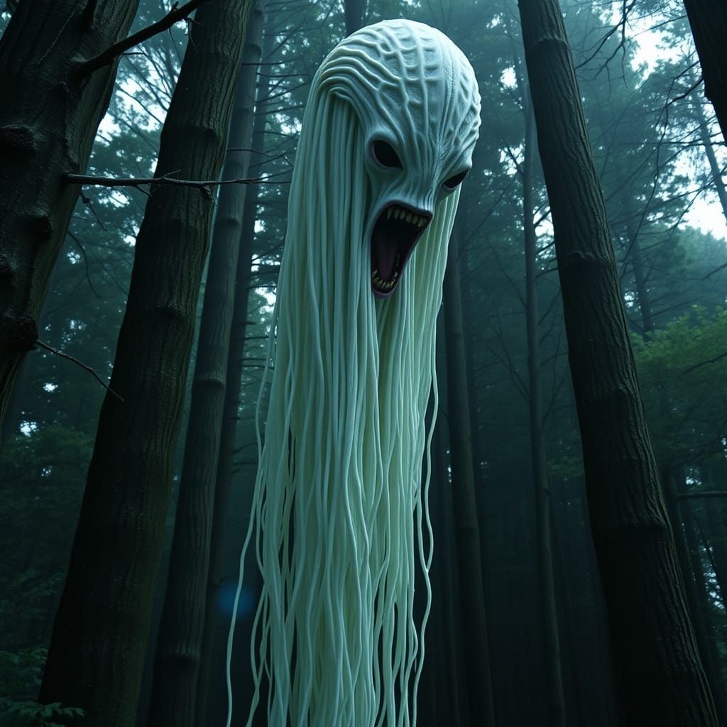 Ethereal Horror in Dark Woods: A Tall, Pasty Creature