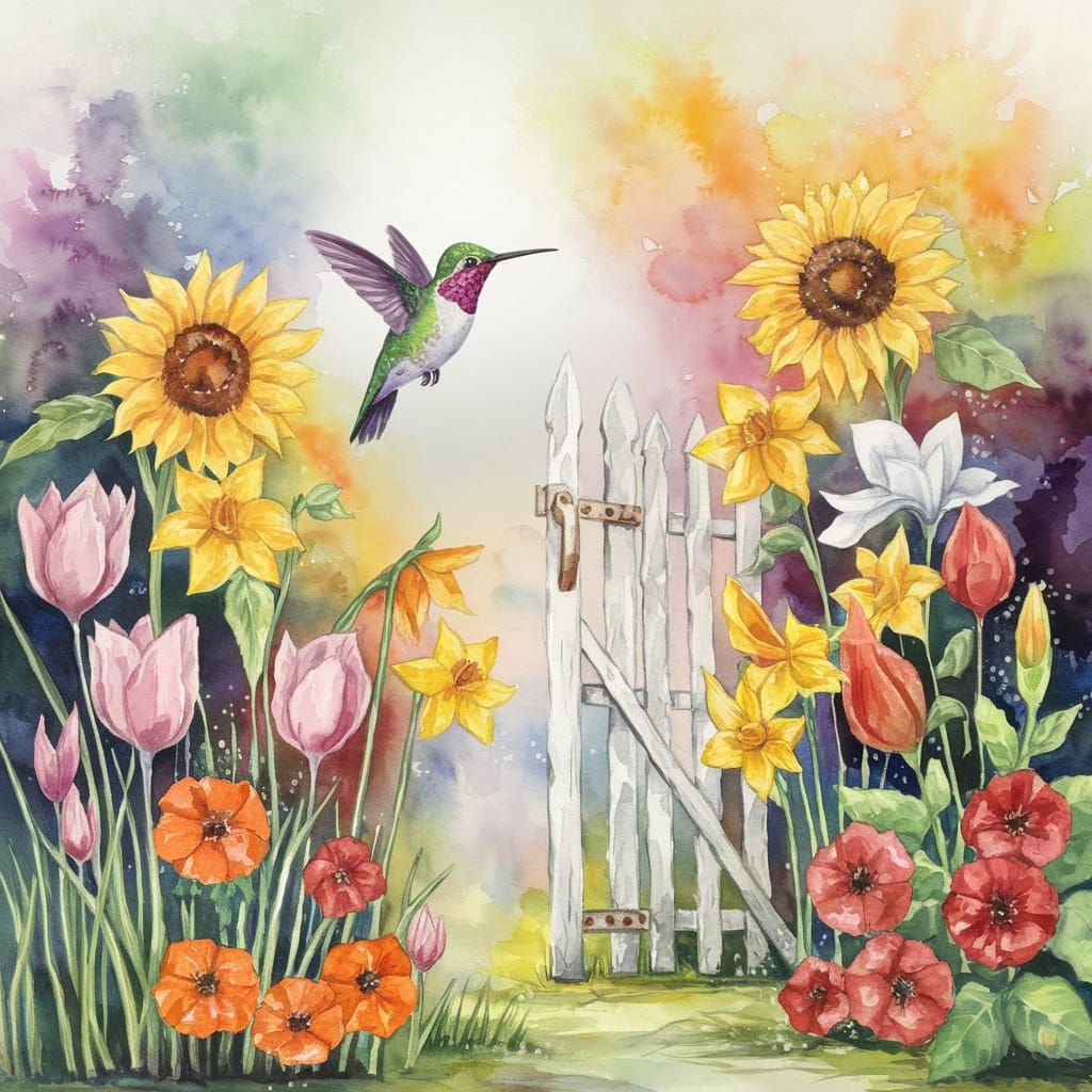 Ethereal watercolor scene of a hummingbird amidst a whimsical garden, with wet on wet technique creating soft, blended e...