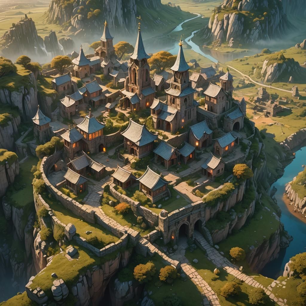 Mystical Hamlet With Gothic Shrine at Sunset