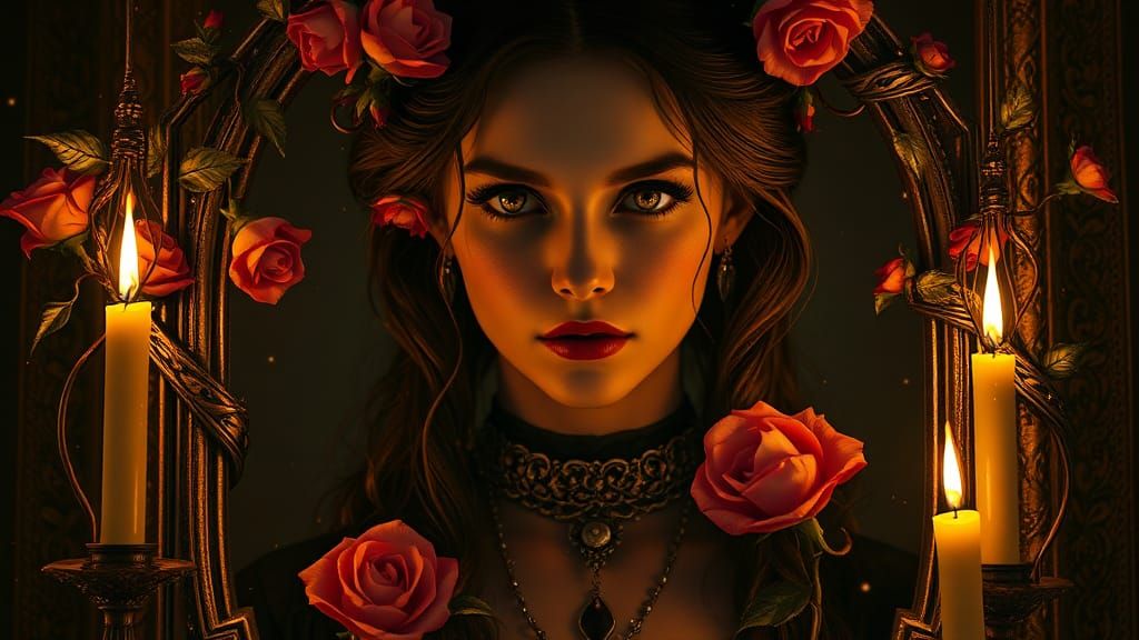 Gothic Rose Portrait with Lit Candles, 8K Resolution