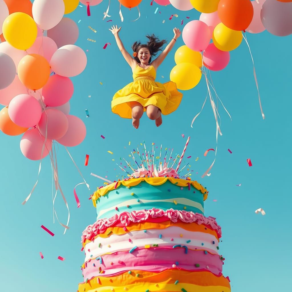 Woman Jumps on Cake: Bold Lines, Pastel Colors