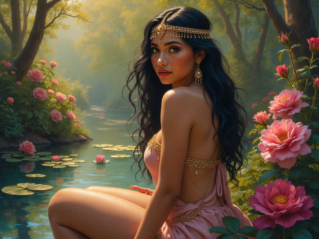 Babylonian Princess with Luminous Eyes in Mystical Forest