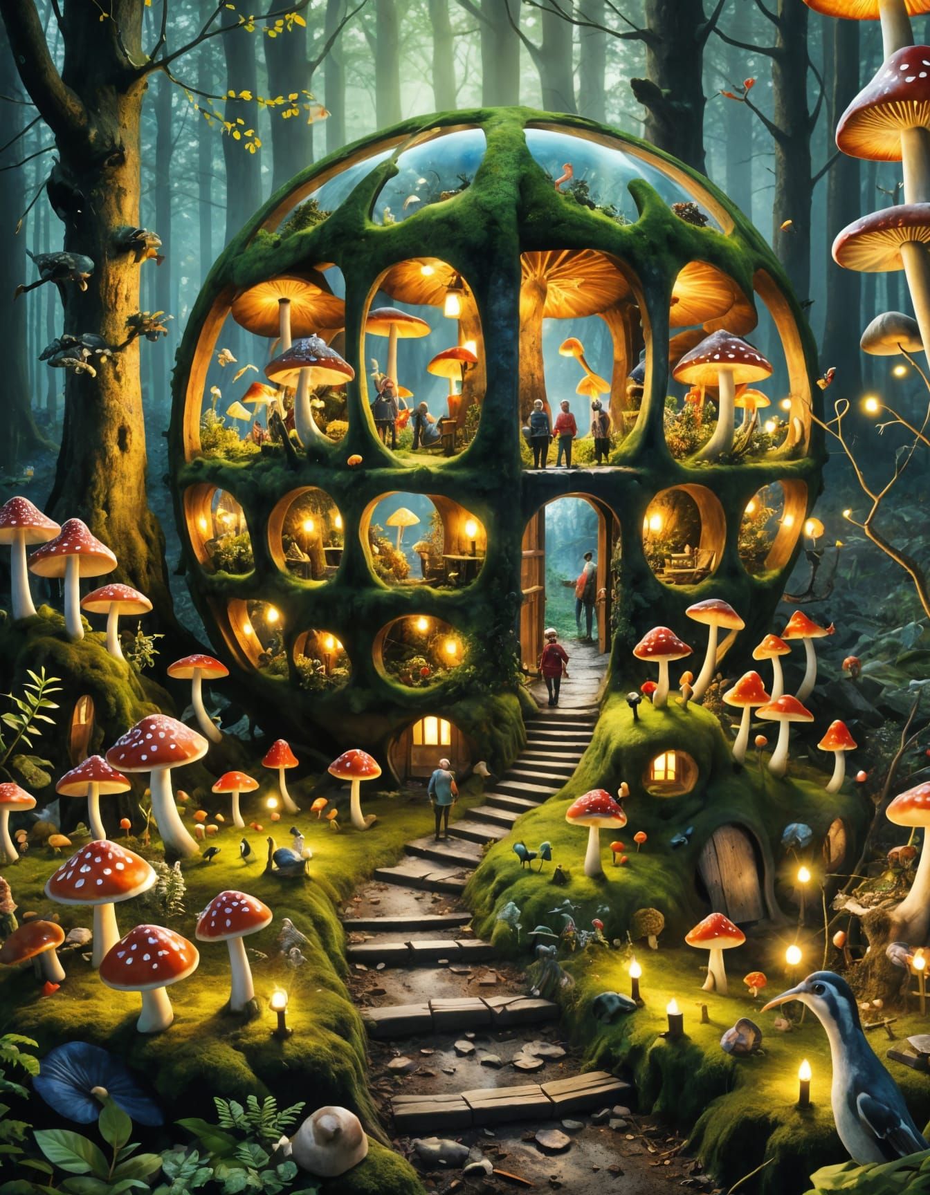 Whimsical Woodland Scene in Vibrant, Detailed Style