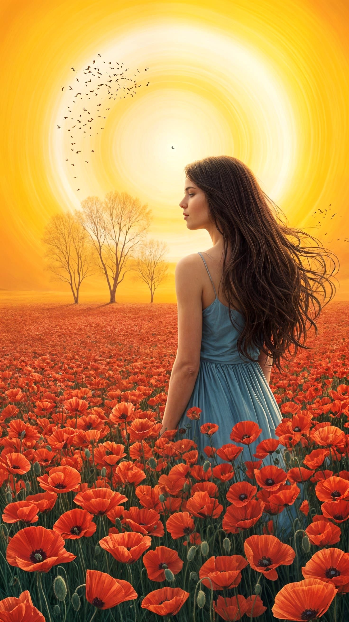 Woman in Poppy Field at Sunset: Digital Painting