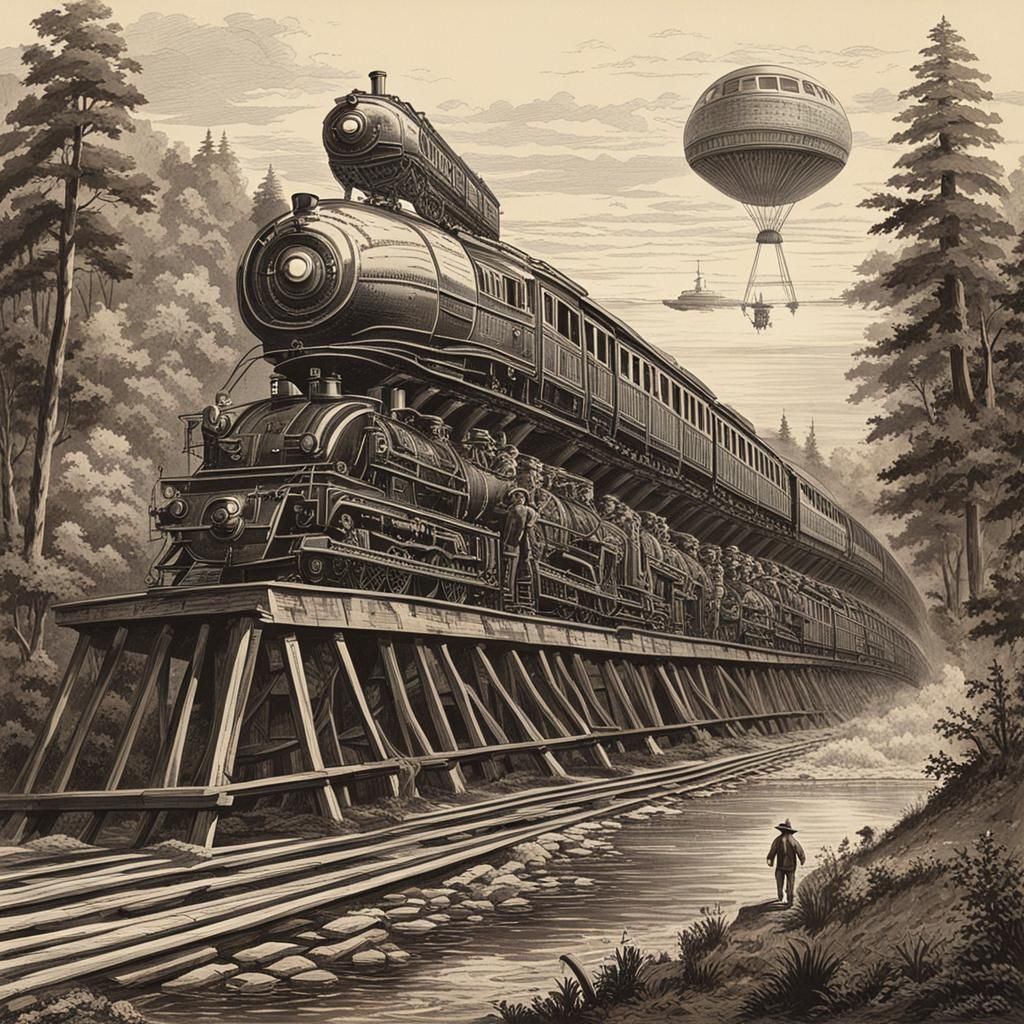 Steam Train Chased by Spaceship on Trestle