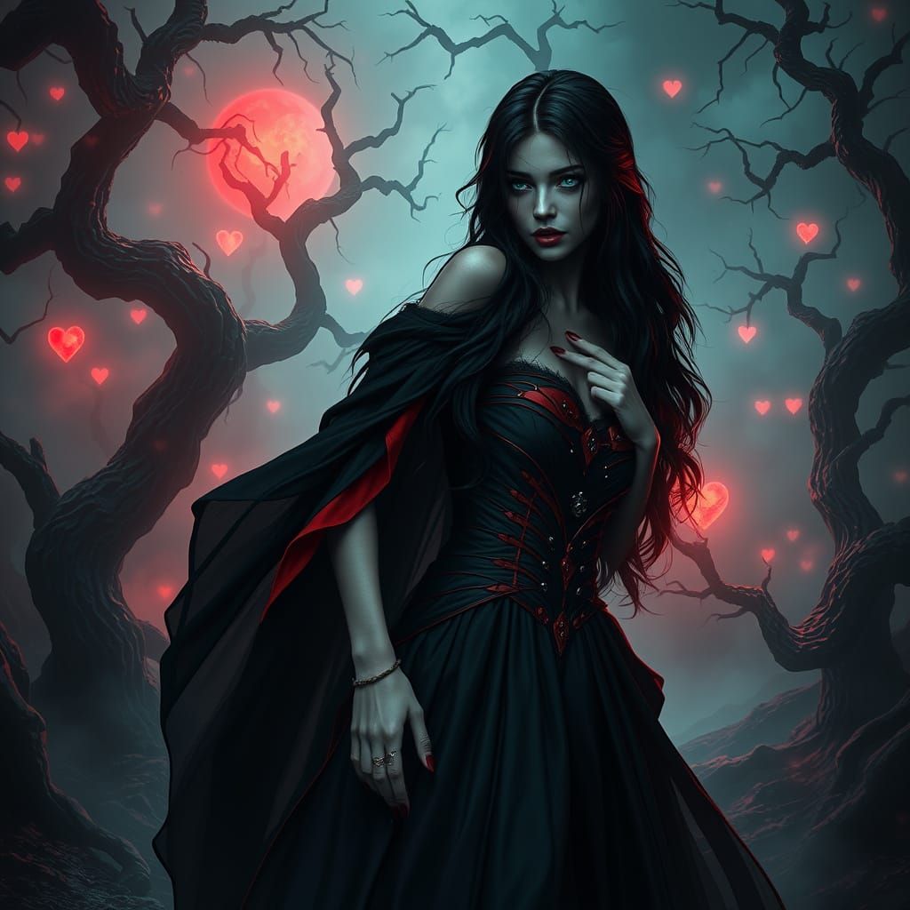 Mysterious Femme Fatale in Dark Fantasy Landscape