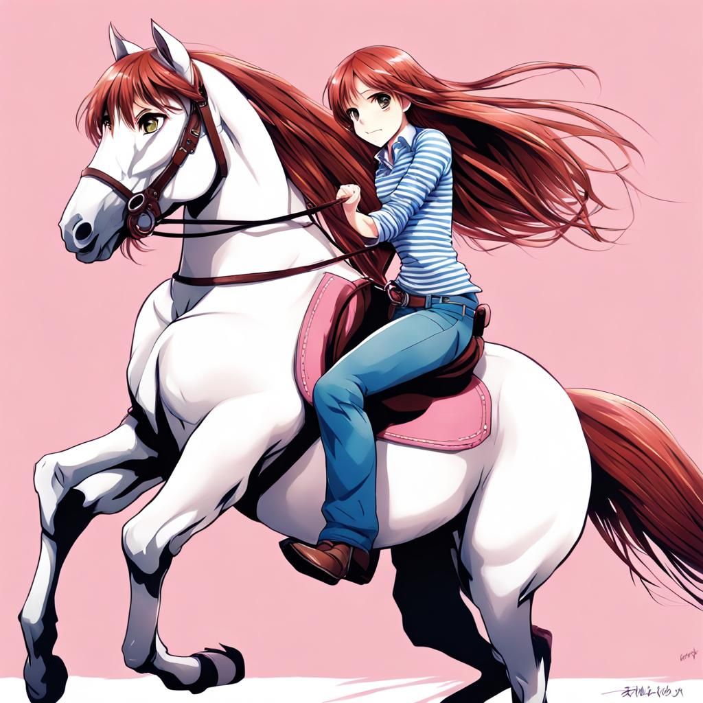 Auburn-Haired Girl Stunts with Horse in Anime Style
