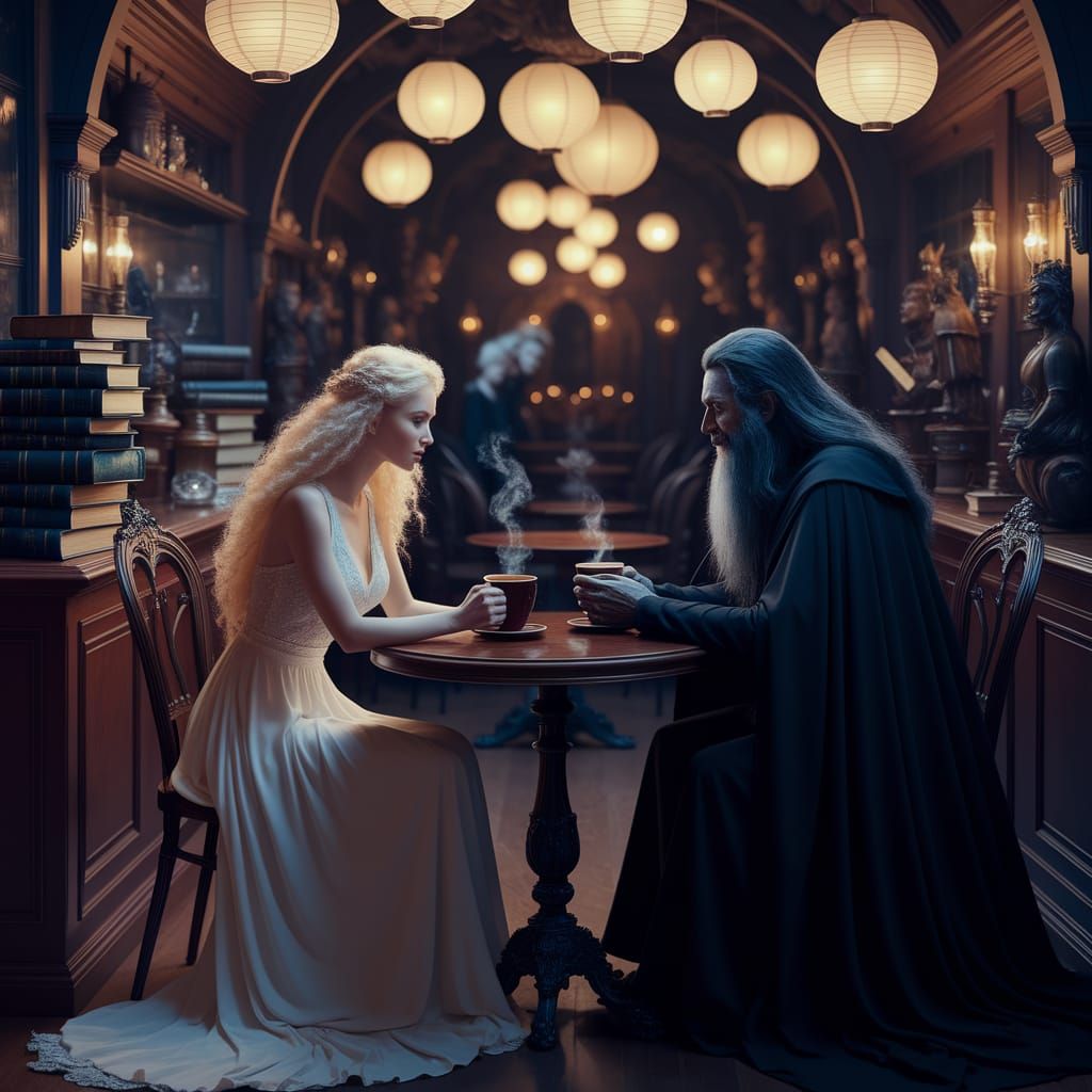 Enchanting Night Cafe With Mystical Patrons and Floating Lan...