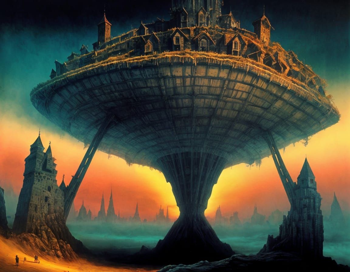 Surreal Castle with Drawbridges in Dreamlike Landscape